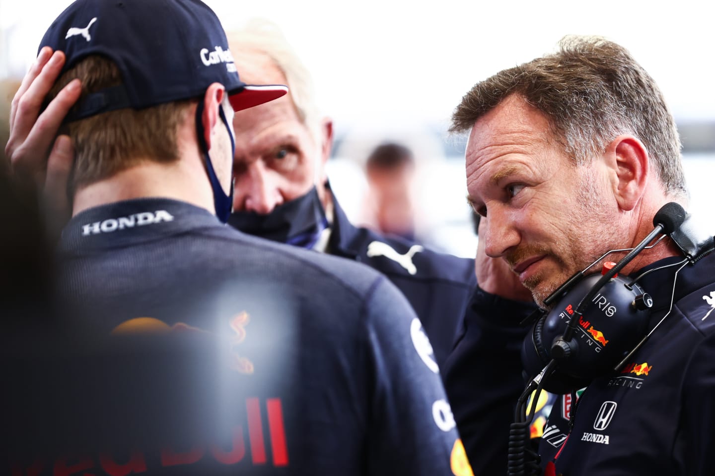 SAO PAULO, BRAZIL - NOVEMBER 12: Red Bull Racing Team Principal Christian Horner talks with Max