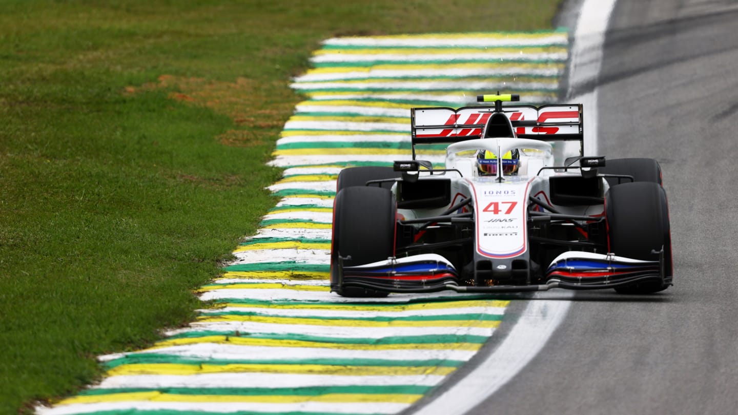 SAO PAULO, BRAZIL - NOVEMBER 12: Mick Schumacher of Germany driving the (47) Haas F1 Team VF-21 Ferrari during practice ahead of the F1 Grand Prix of Brazil at Autodromo Jose Carlos Pace on November 12, 2021 in Sao Paulo, Brazil. (Photo by Bryn Lennon - Formula 1/Formula 1 via Getty Images)