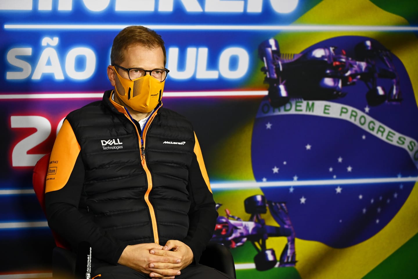 SAO PAULO, BRAZIL - NOVEMBER 12: McLaren Team Principal Andreas Seidl talks in the Team Principals Press Conference after practice ahead of the F1 Grand Prix of Brazil at Autodromo Jose Carlos Pace on November 12, 2021 in Sao Paulo, Brazil. (Photo by Clive Mason/Getty Images)