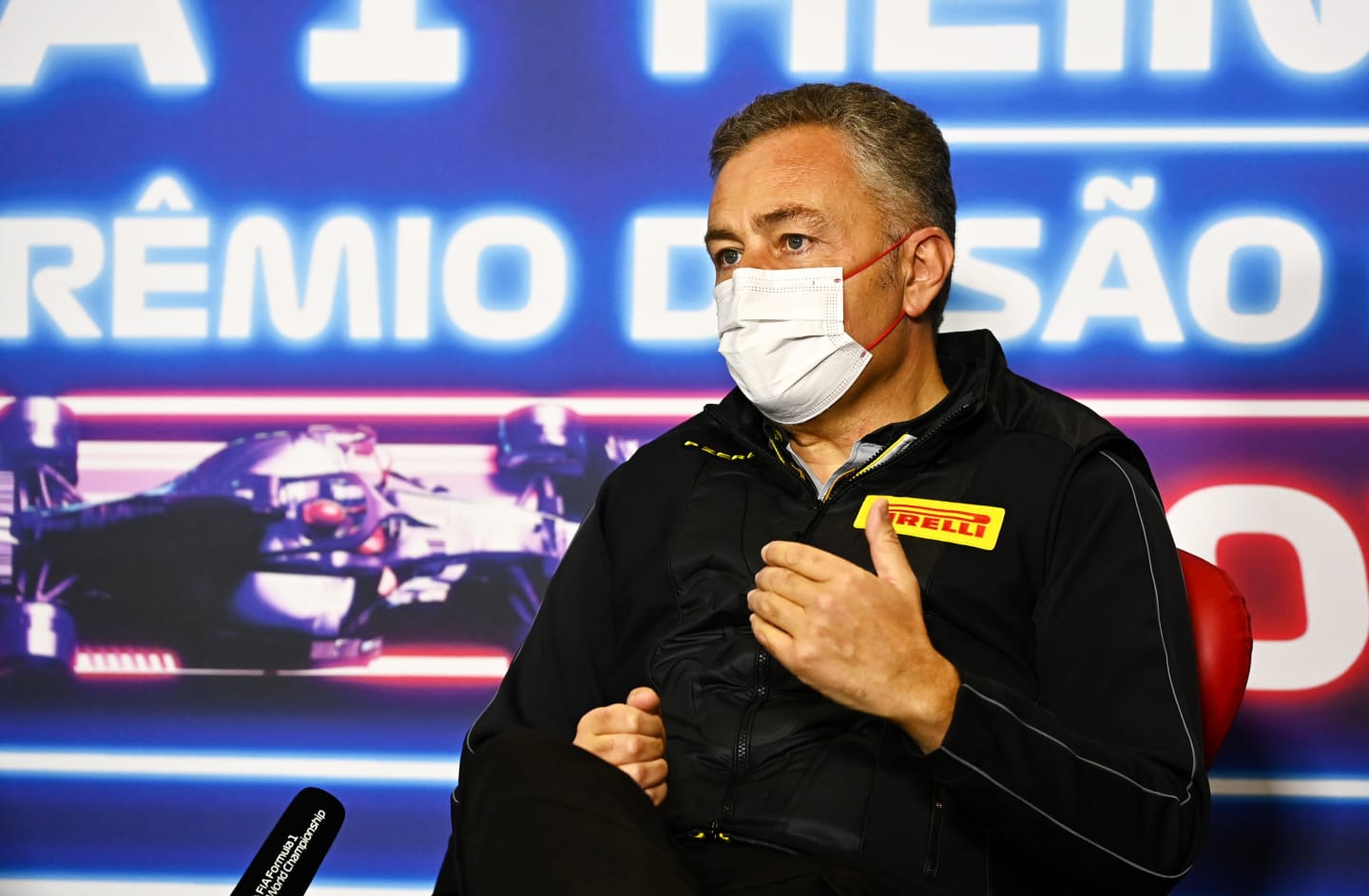 SAO PAULO, BRAZIL - NOVEMBER 12: Director of Pirelli F1 Mario Isola talks in the Team Principals Press Conference after practice ahead of the F1 Grand Prix of Brazil at Autodromo Jose Carlos Pace on November 12, 2021 in Sao Paulo, Brazil. (Photo by Clive Mason/Getty Images)