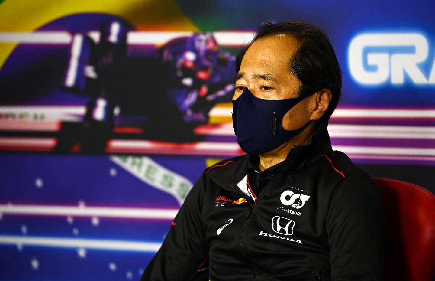 SAO PAULO, BRAZIL - NOVEMBER 12: Toyoharu Tanabe of Honda talks in the Team Principals Press Conference after practice ahead of the F1 Grand Prix of Brazil at Autodromo Jose Carlos Pace on November 12, 2021 in Sao Paulo, Brazil. (Photo by Clive Mason/Getty Images)