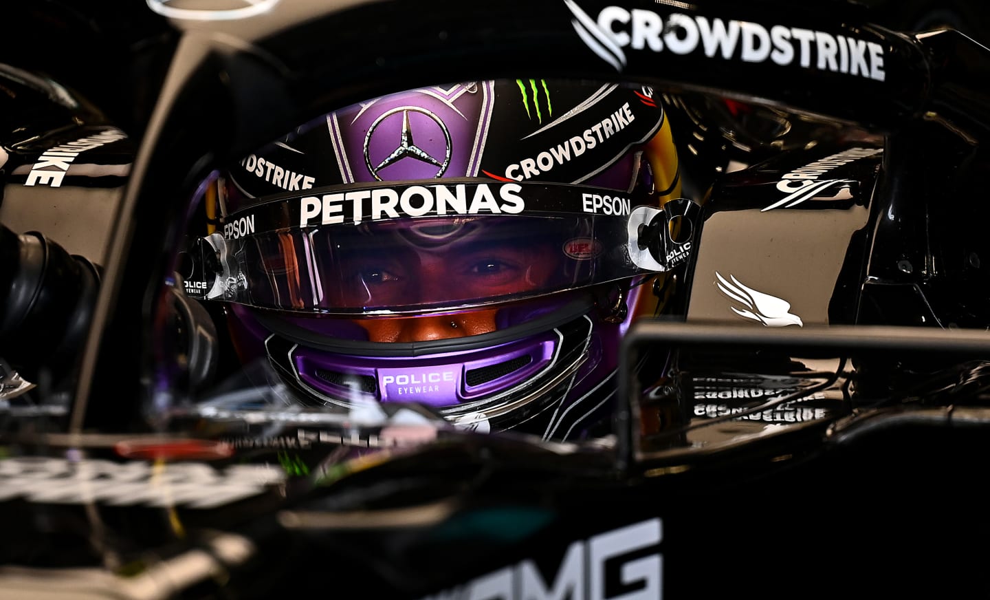 SAO PAULO, BRAZIL - NOVEMBER 12: Lewis Hamilton of Great Britain and Mercedes GP prepares to drive in the garage during practice ahead of the F1 Grand Prix of Brazil at Autodromo Jose Carlos Pace on November 12, 2021 in Sao Paulo, Brazil. (Photo by Clive Mason - Formula 1/Formula 1 via Getty Images)