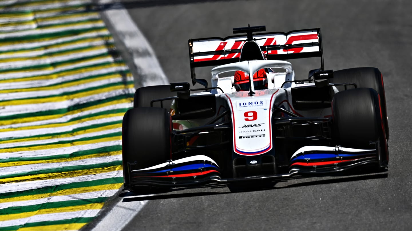 SAO PAULO, BRAZIL - NOVEMBER 13: Nikita Mazepin of Russia driving the (9) Haas F1 Team VF-21