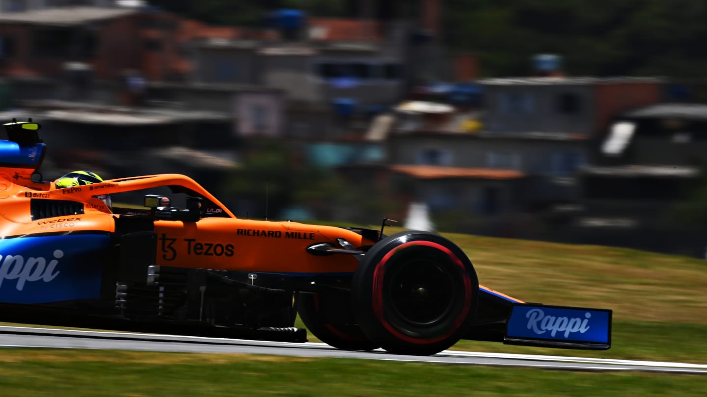 SAO PAULO, BRAZIL - NOVEMBER 13: Lando Norris of Great Britain driving the (4) McLaren F1 Team MCL35M Mercedes during practice ahead of the F1 Grand Prix of Brazil at Autodromo Jose Carlos Pace on November 13, 2021 in Sao Paulo, Brazil. (Photo by Clive Mason - Formula 1/Formula 1 via Getty Images)