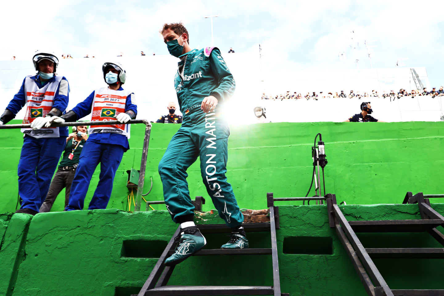 SAO PAULO, BRAZIL - NOVEMBER 13: Sebastian Vettel of Germany and Aston Martin F1 Team prepares to drive on the grid during the sprint ahead of the F1 Grand Prix of Brazil at Autodromo Jose Carlos Pace on November 13, 2021 in Sao Paulo, Brazil. (Photo by Mark Thompson/Getty Images)