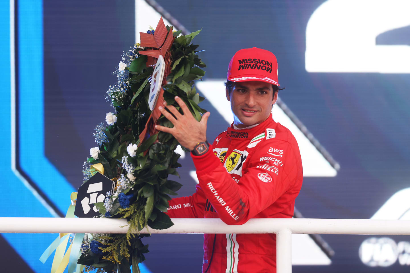 SAO PAULO, BRAZIL - NOVEMBER 13: Third placed Carlos Sainz of Spain and Ferrari celebrates after the sprint ahead of the F1 Grand Prix of Brazil at Autodromo Jose Carlos Pace on November 13, 2021 in Sao Paulo, Brazil. (Photo by Lars Baron/Getty Images)