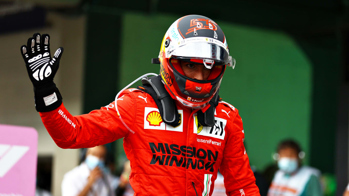 SAO PAULO, BRAZIL - NOVEMBER 13: Third placed Carlos Sainz of Spain and Ferrari celebrates in parc ferme during the sprint ahead of the F1 Grand Prix of Brazil at Autodromo Jose Carlos Pace on November 13, 2021 in Sao Paulo, Brazil. (Photo by Bryn Lennon - Formula 1/Formula 1 via Getty Images)