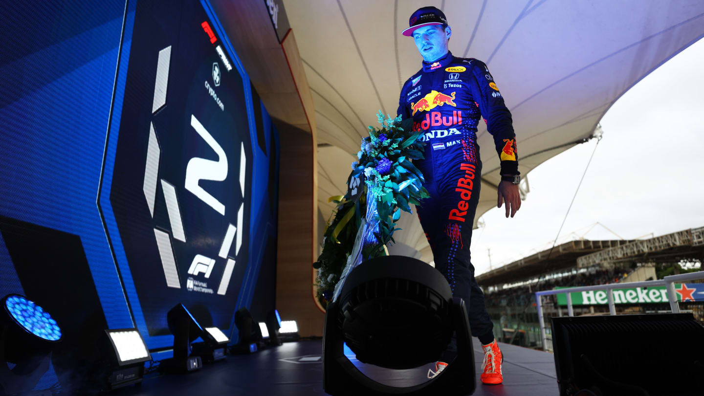 SAO PAULO, BRAZIL - NOVEMBER 13: Second placed Max Verstappen of Netherlands and Red Bull Racing