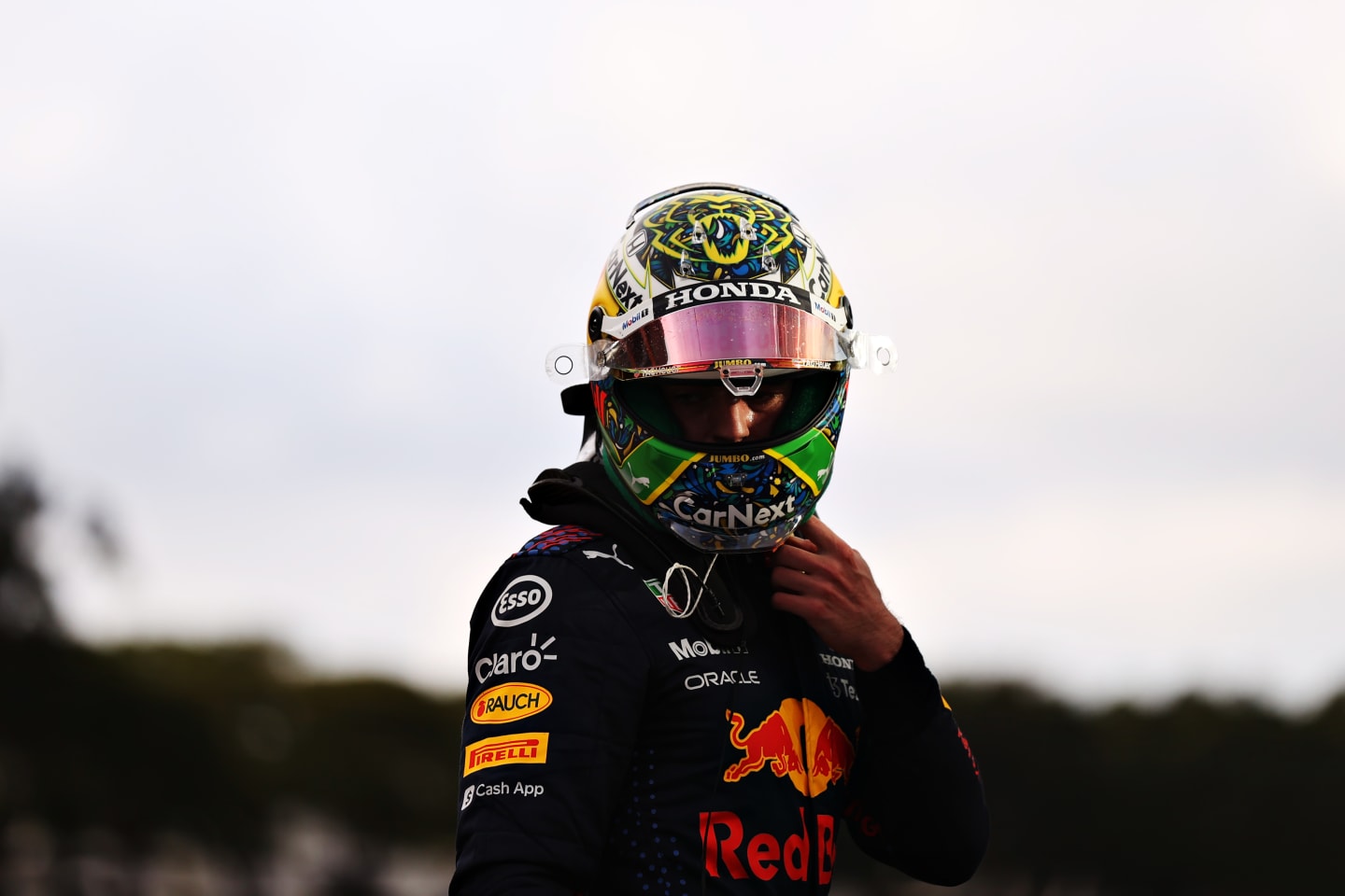 SAO PAULO, BRAZIL - NOVEMBER 13: Second placed Max Verstappen of Netherlands and Red Bull Racing looks on in parc ferme during the sprint ahead of the F1 Grand Prix of Brazil at Autodromo Jose Carlos Pace on November 13, 2021 in Sao Paulo, Brazil. (Photo by Lars Baron/Getty Images)