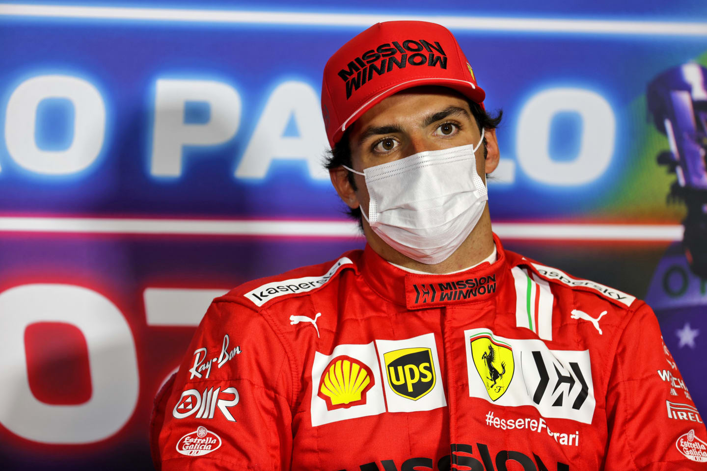 SAO PAULO, BRAZIL - NOVEMBER 13: Third placed Carlos Sainz of Spain and Ferrari talks in the press conference after the sprint ahead of the F1 Grand Prix of Brazil at Autodromo Jose Carlos Pace on November 13, 2021 in Sao Paulo, Brazil. (Photo by XPB - Pool/Getty Images)