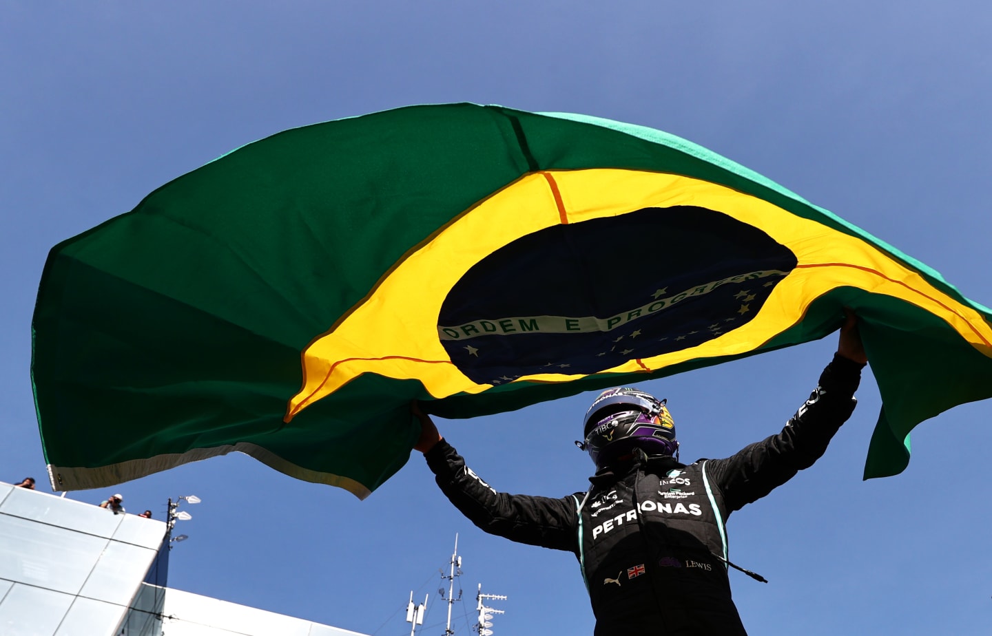 SAO PAULO, BRAZIL - NOVEMBER 14: Race winner Lewis Hamilton of Great Britain and Mercedes GP