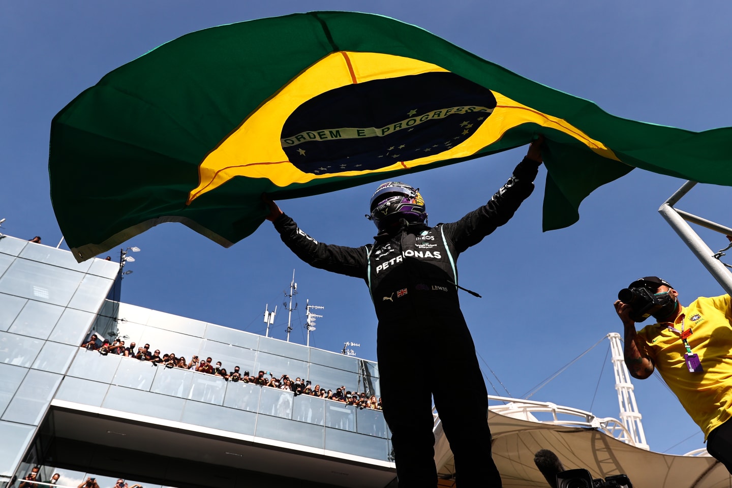 SAO PAULO, BRAZIL - NOVEMBER 14: Race winner Lewis Hamilton of Great Britain and Mercedes GP