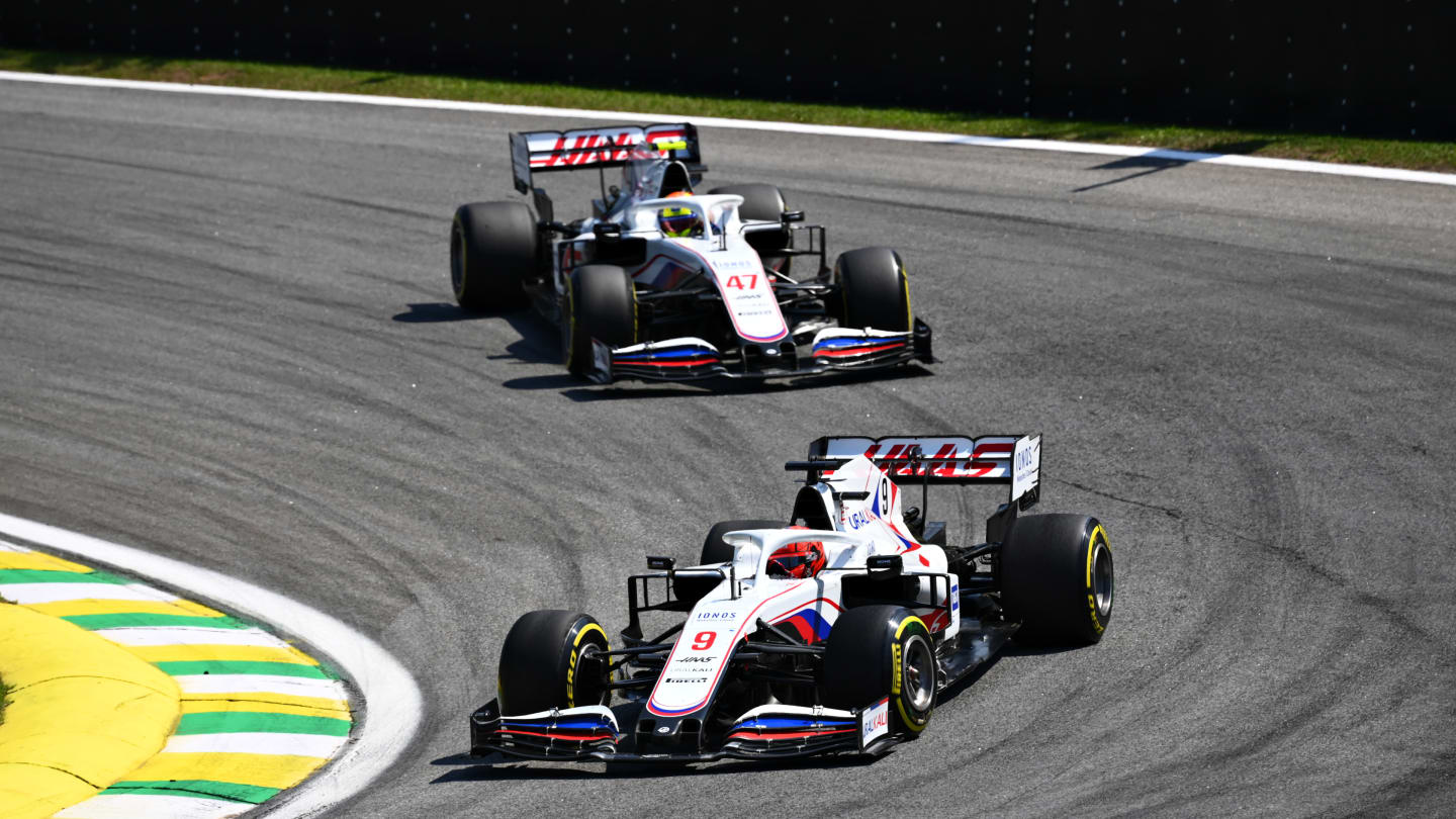 SAO PAULO, BRAZIL - NOVEMBER 14: Nikita Mazepin of Russia driving the (9) Haas F1 Team VF-21