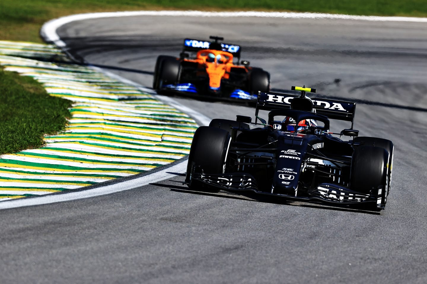 SAO PAULO, BRAZIL - NOVEMBER 14: Pierre Gasly of France driving the (10) Scuderia AlphaTauri AT02 Honda during the F1 Grand Prix of Brazil at Autodromo Jose Carlos Pace on November 14, 2021 in Sao Paulo, Brazil. (Photo by Buda Mendes/Getty Images)