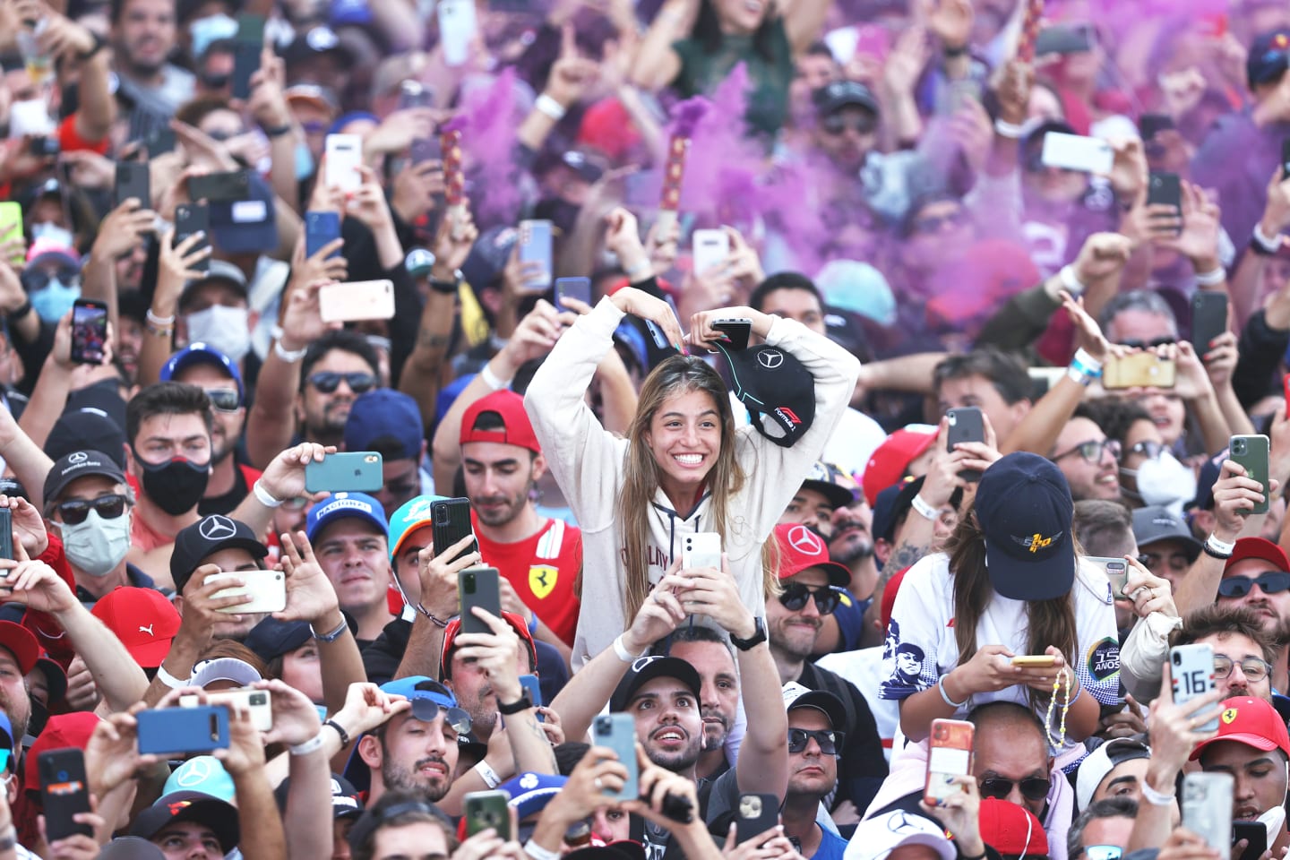 SAO PAULO, BRAZIL - NOVEMBER 14: Fans enjoy the podium celebrations during the F1 Grand Prix of