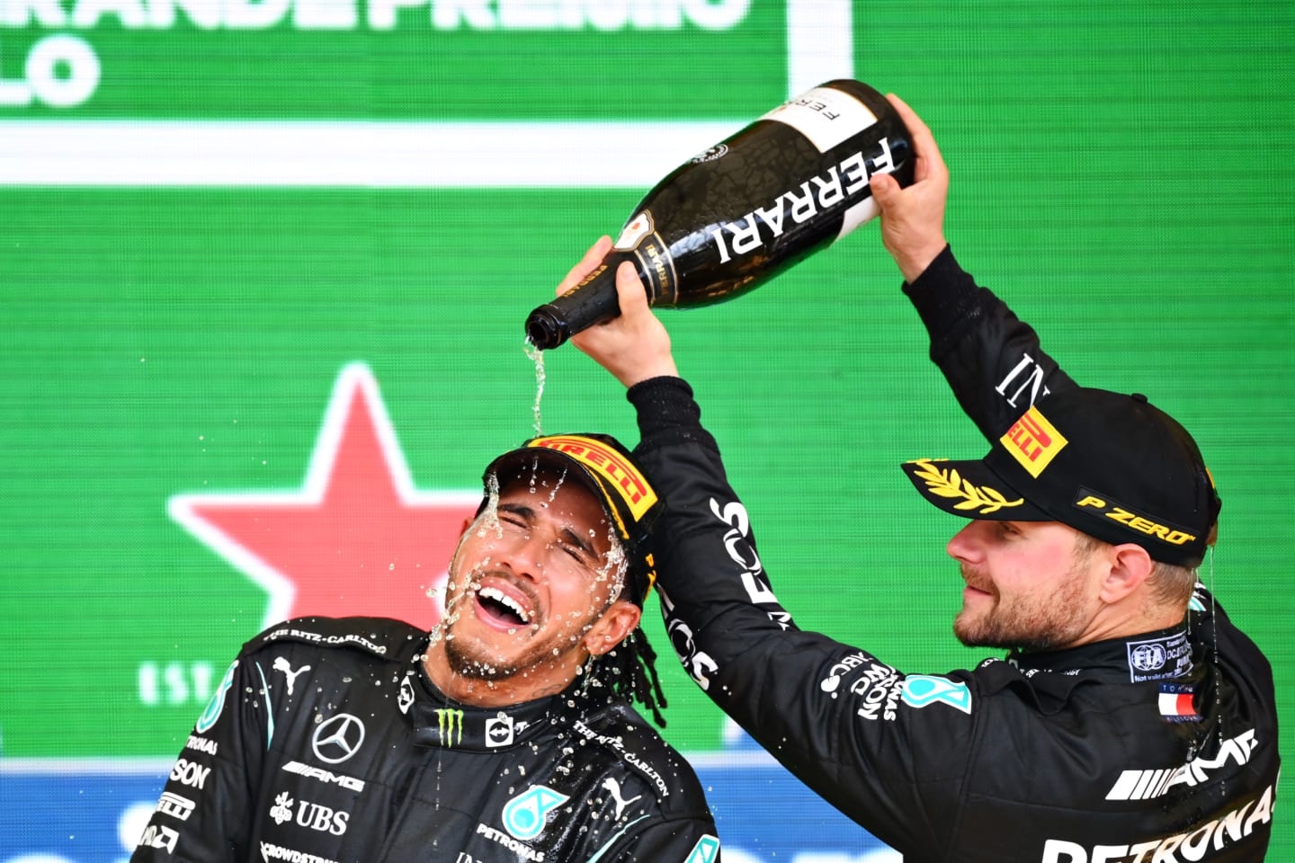SAO PAULO, BRAZIL - NOVEMBER 14: Race winner Lewis Hamilton of Great Britain and Mercedes GP and