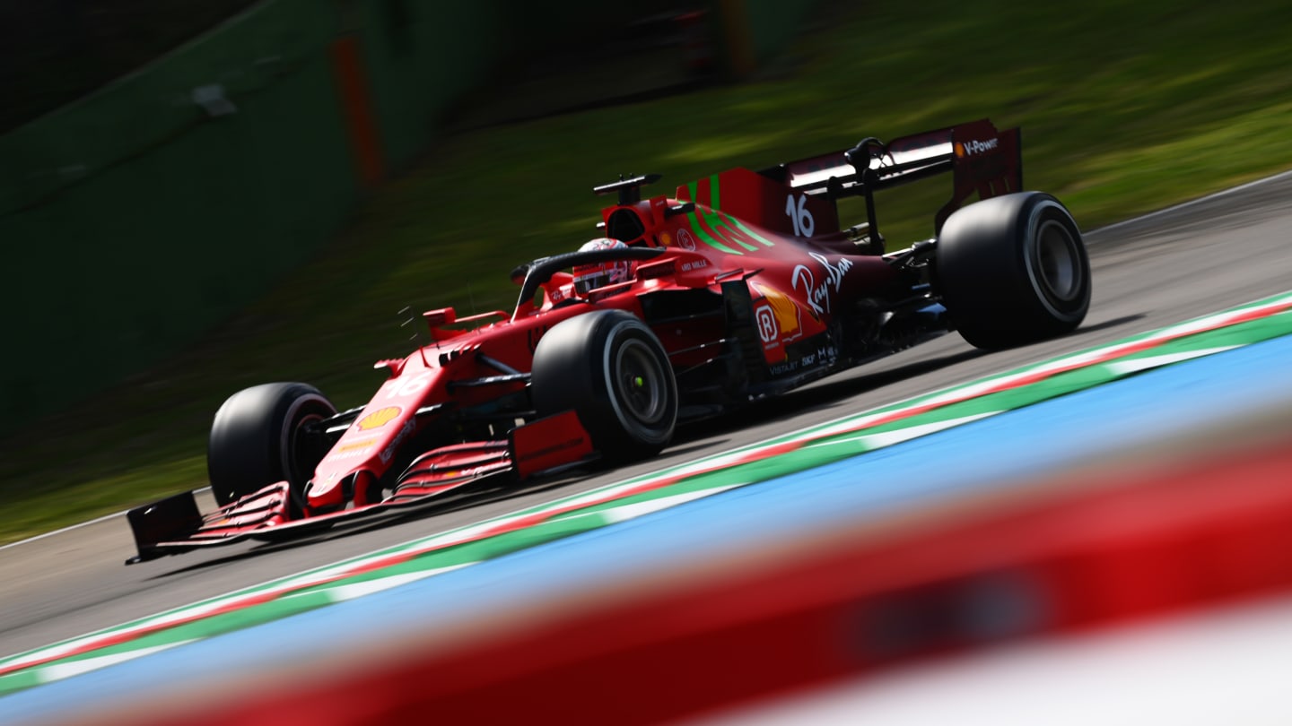 IMOLA, ITALY - APRIL 16: Charles Leclerc of Monaco driving the (16) Scuderia Ferrari SF21 on track