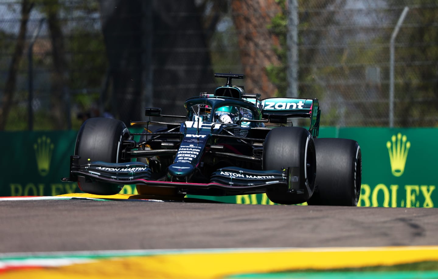 IMOLA, ITALY - APRIL 16: Lance Stroll of Canada driving the (18) Aston Martin AMR21 Mercedes on