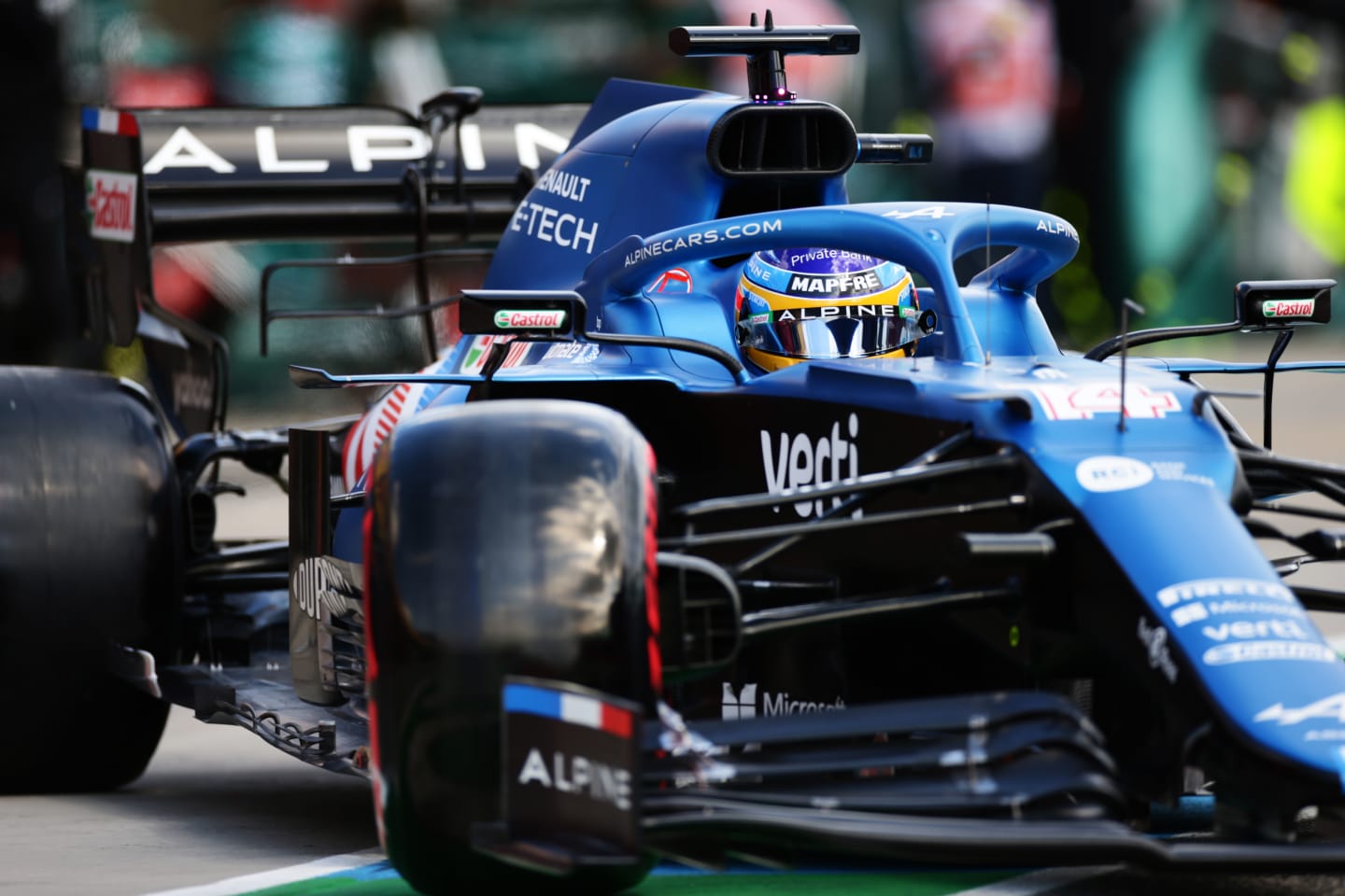 IMOLA, ITALY - APRIL 16: Fernando Alonso of Spain driving the (14) Alpine A521 Renault in the Pitlane during practice ahead of the F1 Grand Prix of Emilia Romagna at Autodromo Enzo e Dino Ferrari on April 16, 2021 in Imola, Italy. (Photo by Peter Fox/Getty Images)