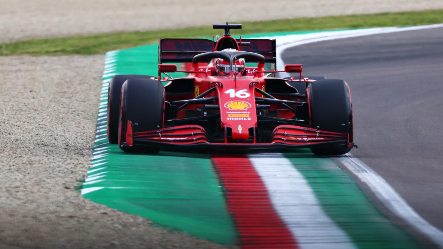 IMOLA, ITALY - APRIL 17: Charles Leclerc of Monaco driving the (16) Scuderia Ferrari SF21 during