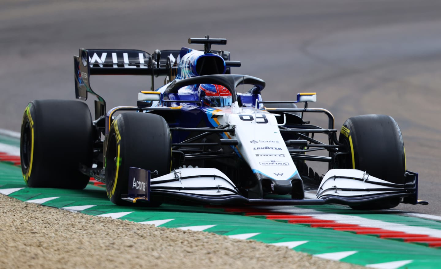 IMOLA, ITALY - APRIL 17: George Russell of Great Britain driving the (63) Williams Racing FW43B Mercedes during qualifying ahead of the F1 Grand Prix of Emilia Romagna at Autodromo Enzo e Dino Ferrari on April 17, 2021 in Imola, Italy. (Photo by Bryn Lennon/Getty Images)