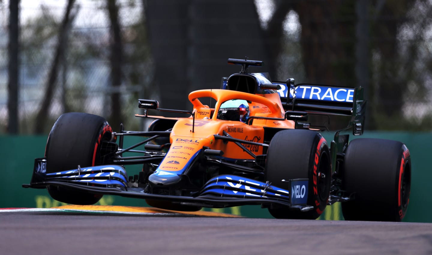 IMOLA, ITALY - APRIL 17: Daniel Ricciardo of Australia driving the (3) McLaren F1 Team MCL35M Mercedes launches off a raised kerb during qualifying ahead of the F1 Grand Prix of Emilia Romagna at Autodromo Enzo e Dino Ferrari on April 17, 2021 in Imola, Italy. (Photo by Lars Baron/Getty Images)