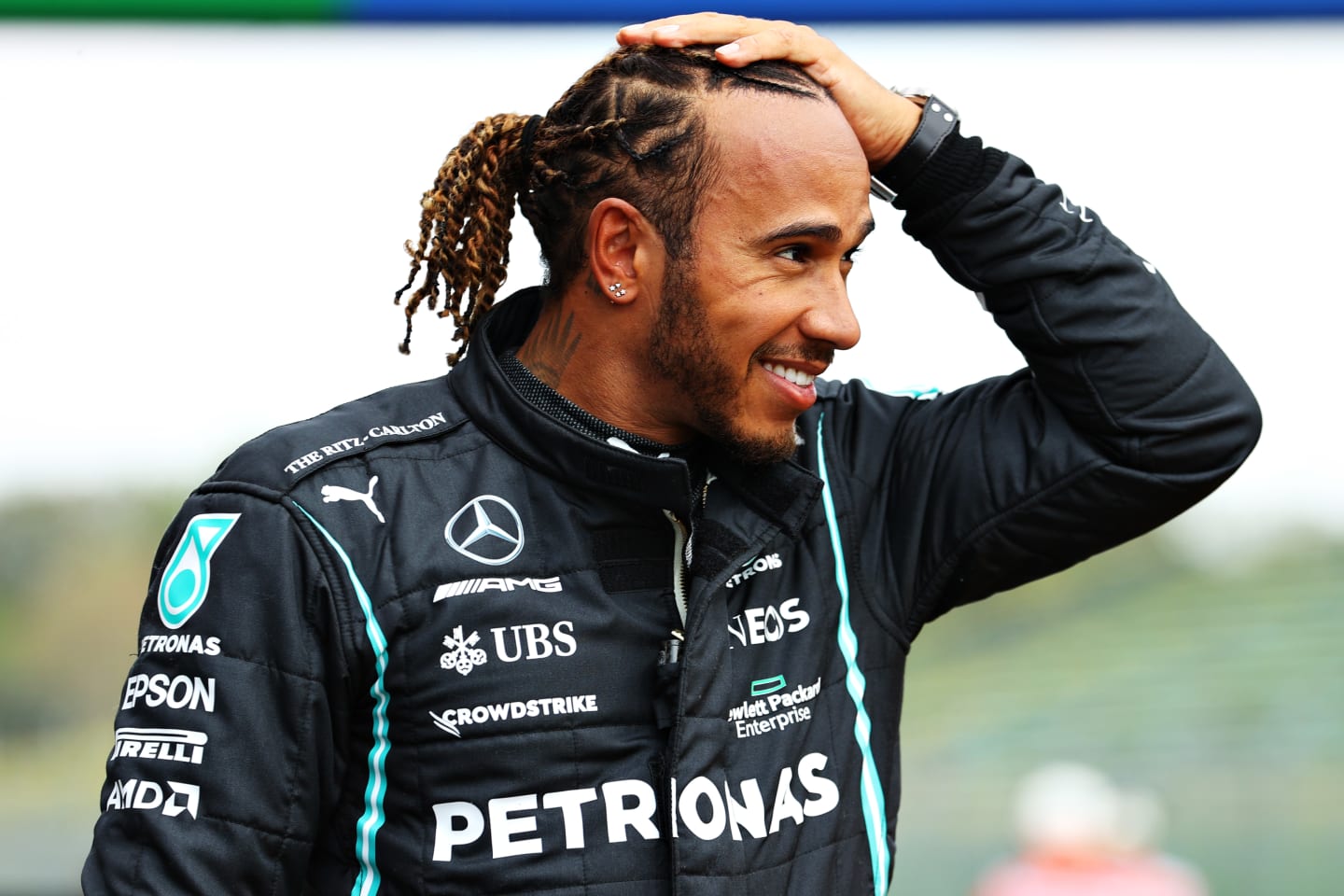 IMOLA, ITALY - APRIL 17: Pole position qualifier Lewis Hamilton of Great Britain and Mercedes GP looks on in parc ferme during qualifying ahead of the F1 Grand Prix of Emilia Romagna at Autodromo Enzo e Dino Ferrari on April 17, 2021 in Imola, Italy. (Photo by Bryn Lennon/Getty Images)