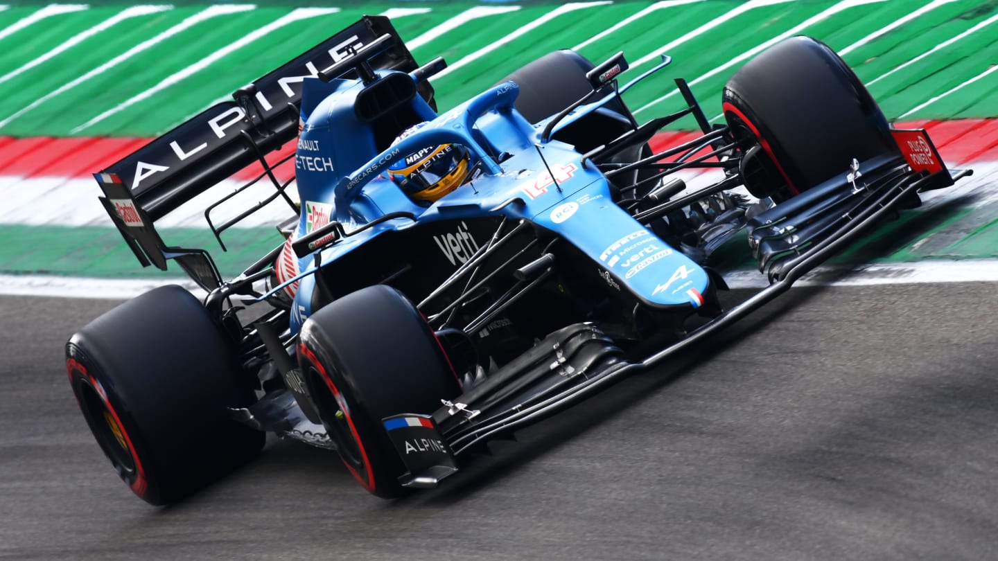 IMOLA, ITALY - APRIL 17: Fernando Alonso of Spain driving the (14) Alpine A521 Renault during