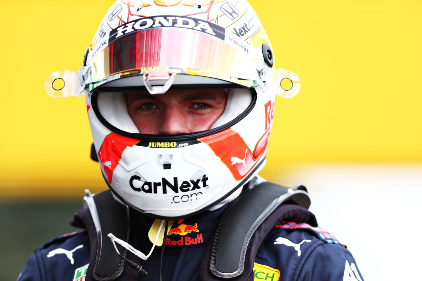 IMOLA, ITALY - APRIL 17: Third place qualifier Max Verstappen of Netherlands and Red Bull Racing looks on in parc ferme during qualifying ahead of the F1 Grand Prix of Emilia Romagna at Autodromo Enzo e Dino Ferrari on April 17, 2021 in Imola, Italy. (Photo by Dan Istitene - Formula 1/Formula 1 via Getty Images)
