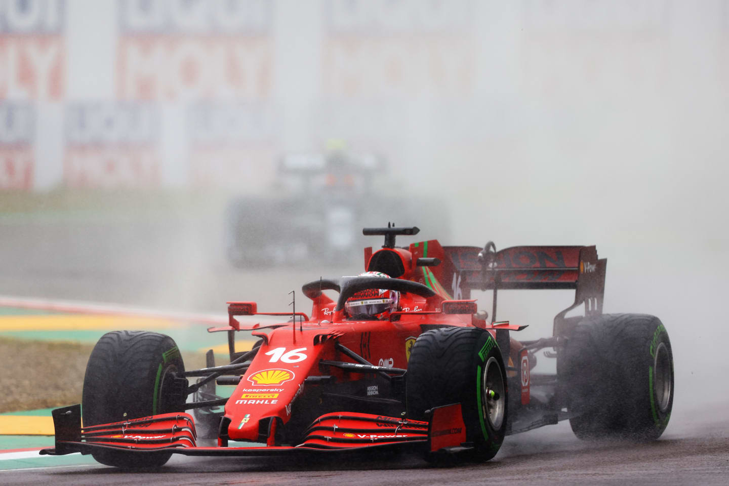 IMOLA, ITALY - APRIL 18: Charles Leclerc of Monaco driving the (16) Scuderia Ferrari SF21 on track