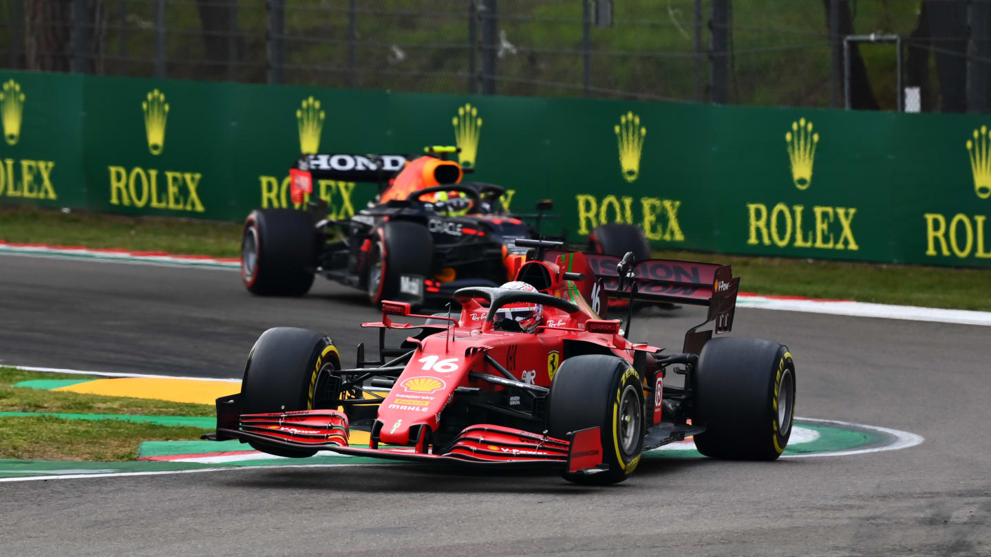 IMOLA, ITALY - APRIL 18: Charles Leclerc of Monaco driving the (16) Scuderia Ferrari SF21 leads