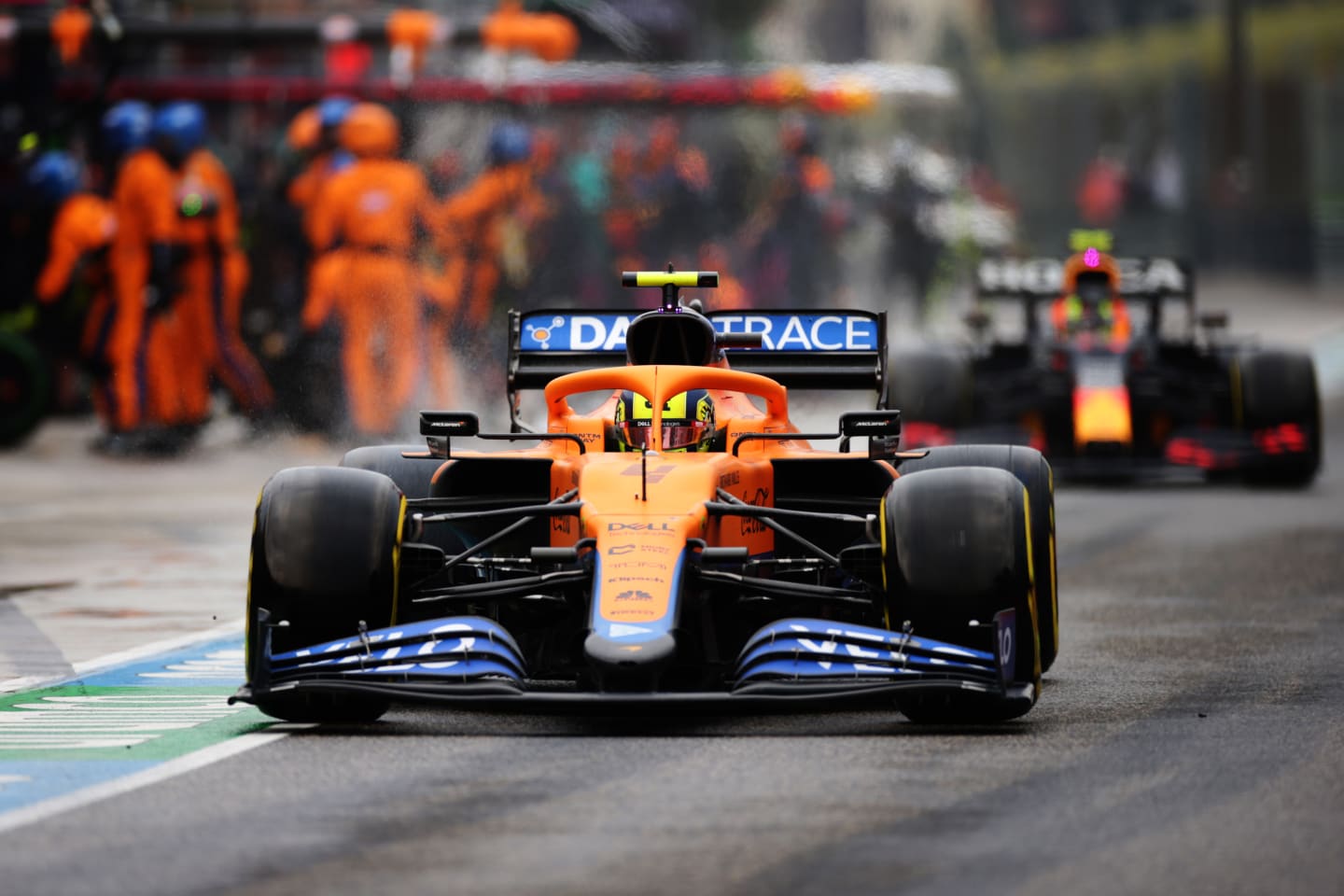 IMOLA, ITALY - APRIL 18: Lando Norris of Great Britain driving the (4) McLaren F1 Team MCL35M Mercedes leaves the pitlane after making a stop during the F1 Grand Prix of Emilia Romagna at Autodromo Enzo e Dino Ferrari on April 18, 2021 in Imola, Italy. (Photo by Peter Fox/Getty Images)