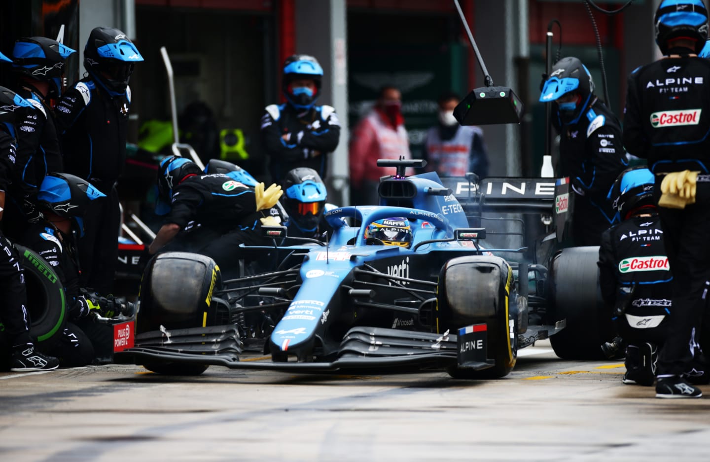 IMOLA, ITALY - APRIL 18: Fernando Alonso of Spain driving the (14) Alpine A521 Renault stops in the Pitlane during the F1 Grand Prix of Emilia Romagna at Autodromo Enzo e Dino Ferrari on April 18, 2021 in Imola, Italy. (Photo by Peter Fox/Getty Images)