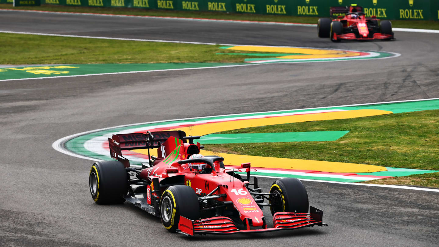 IMOLA, ITALY - APRIL 18: Charles Leclerc of Monaco driving the (16) Scuderia Ferrari SF21 leads