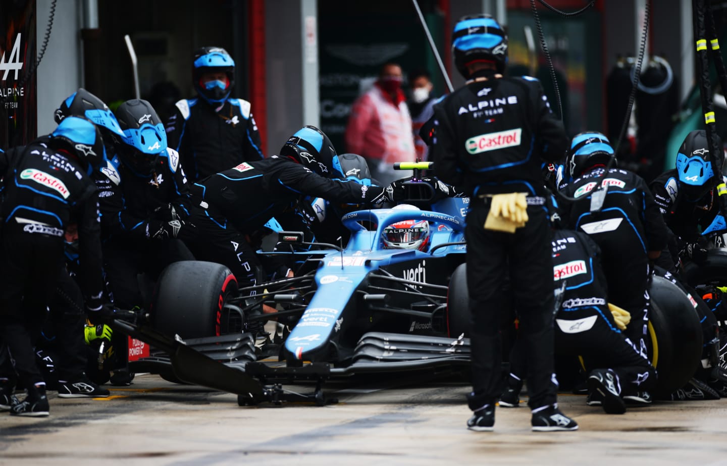 IMOLA, ITALY - APRIL 18: Esteban Ocon of France driving the (31) Alpine A521 Renault stops in the