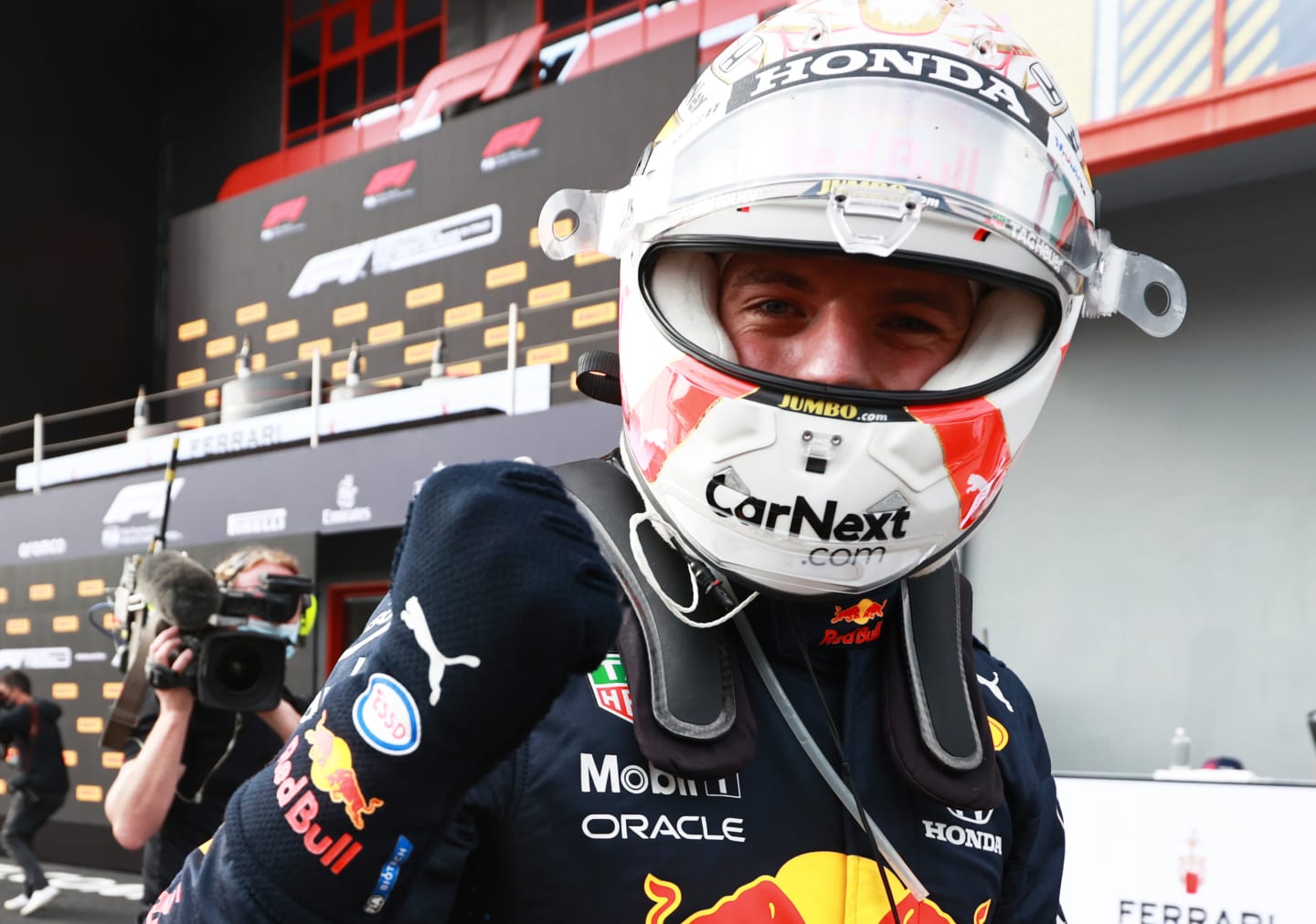 IMOLA, ITALY - APRIL 18: Race winner Max Verstappen of Netherlands and Red Bull Racing celebrates