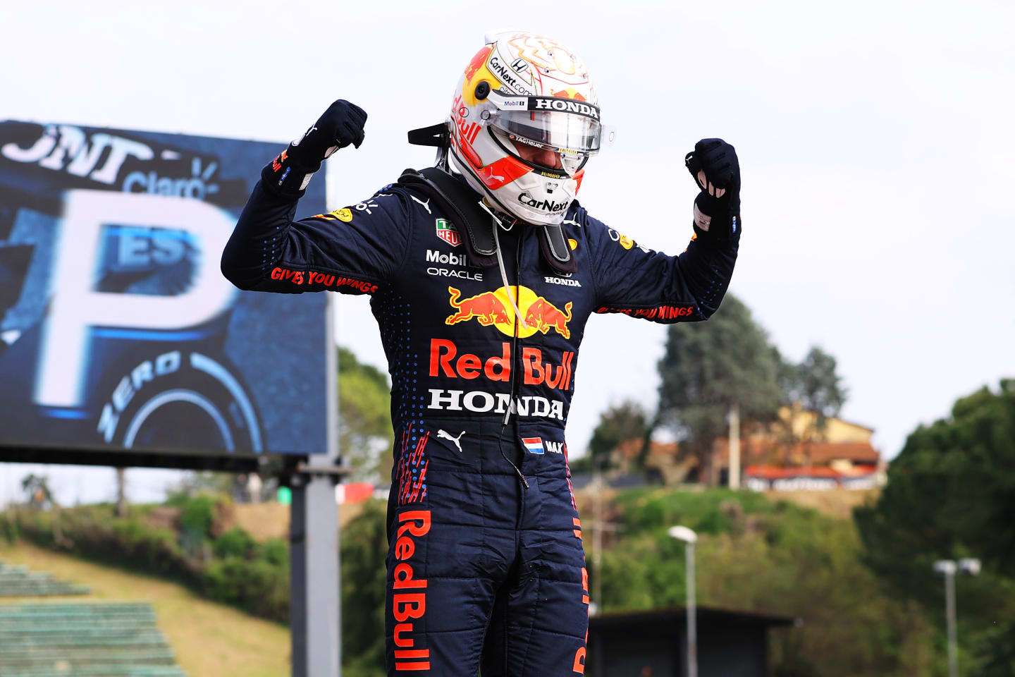 IMOLA, ITALY - APRIL 18: Race winner Max Verstappen of Netherlands and Red Bull Racing celebrates