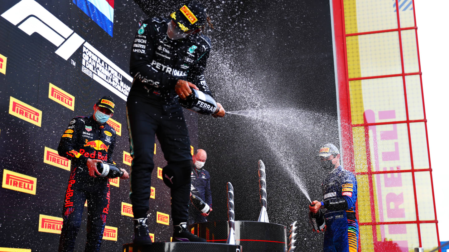 IMOLA, ITALY - APRIL 18: Race winner Max Verstappen of Netherlands and Red Bull Racing, second