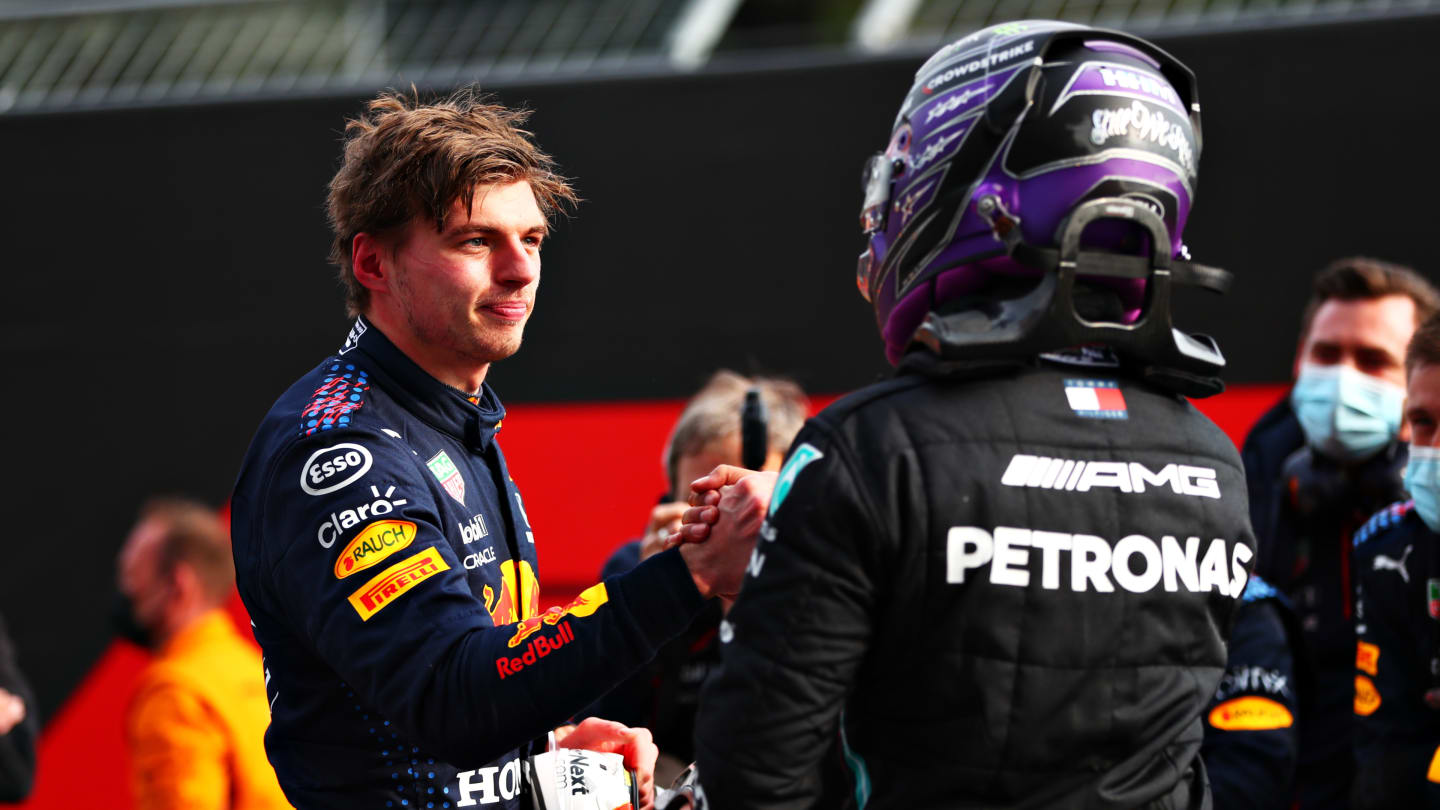 IMOLA, ITALY - APRIL 18: Race winner Max Verstappen of Netherlands and Red Bull Racing and second