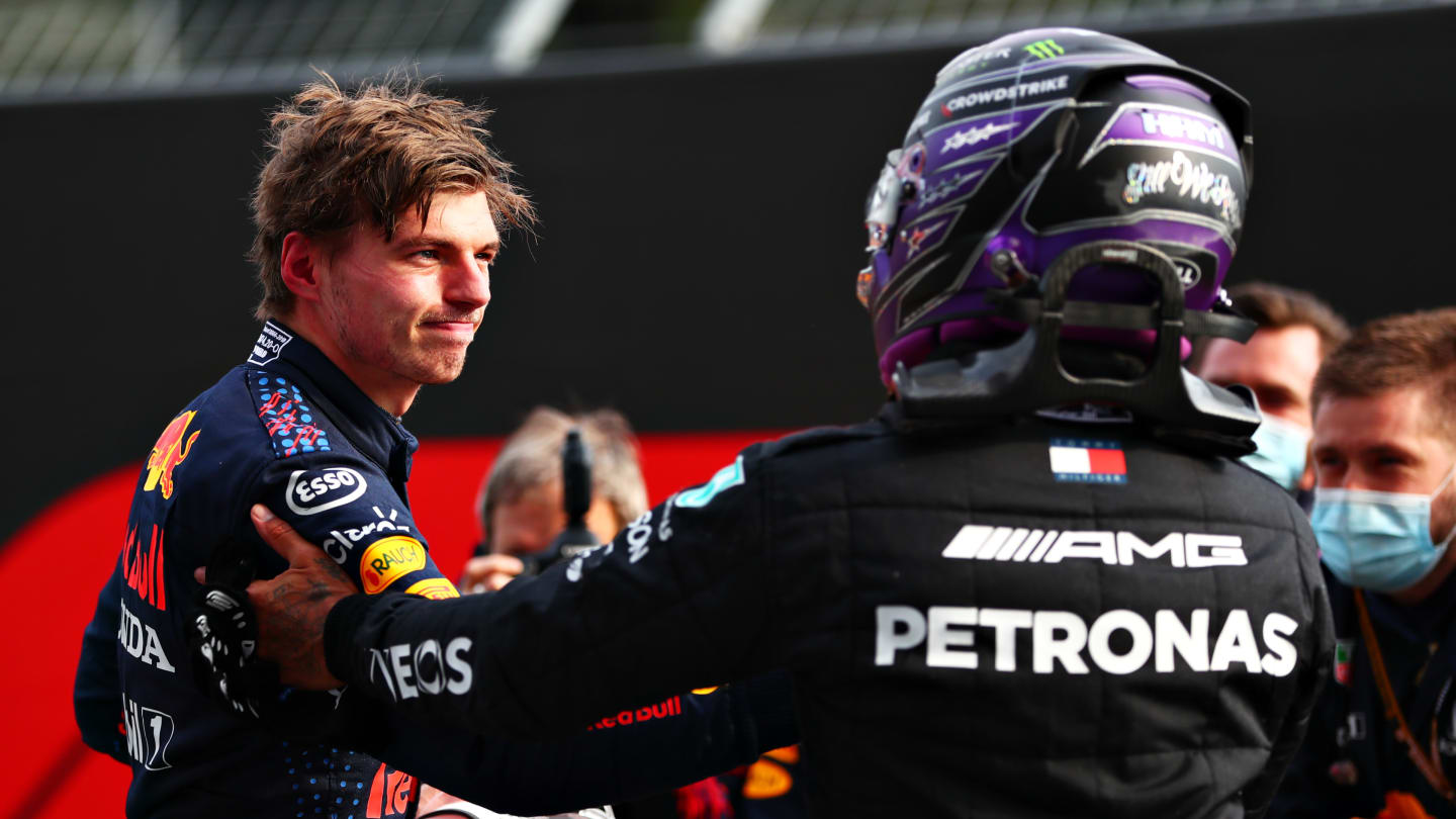 IMOLA, ITALY - APRIL 18: Race winner Max Verstappen of Netherlands and Red Bull Racing and second