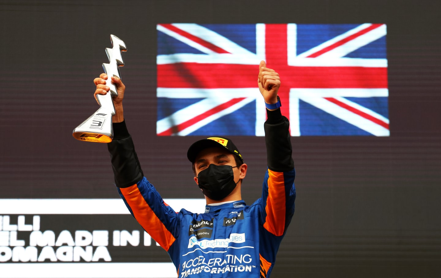 IMOLA, ITALY - APRIL 18: Third placed Lando Norris of Great Britain and McLaren F1 celebrates on the podium during the F1 Grand Prix of Emilia Romagna at Autodromo Enzo e Dino Ferrari on April 18, 2021 in Imola, Italy. (Photo by Bryn Lennon/Getty Images)