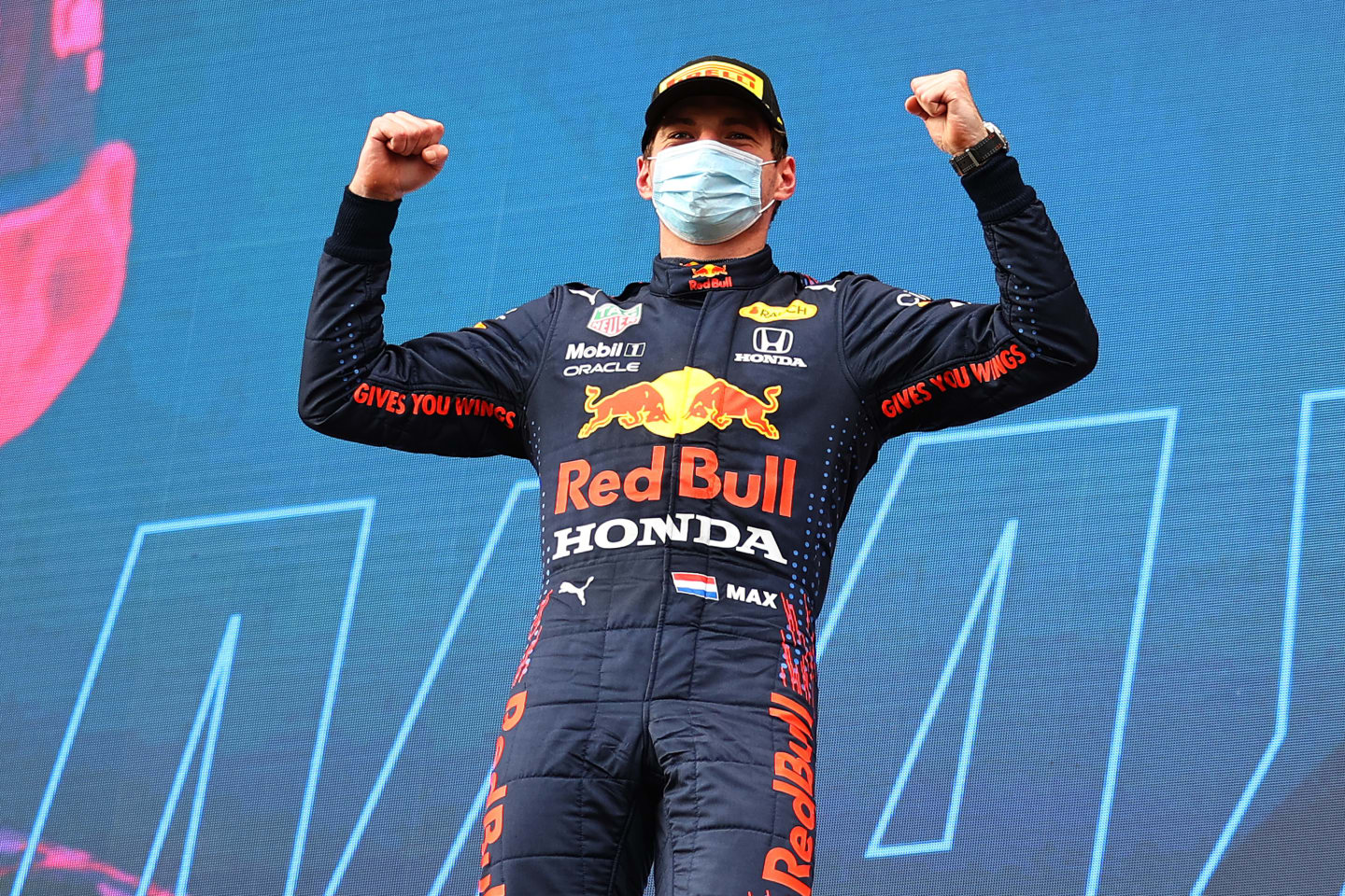 IMOLA, ITALY - APRIL 18: Race winner Max Verstappen of Netherlands and Red Bull Racing celebrates on the podium during the F1 Grand Prix of Emilia Romagna at Autodromo Enzo e Dino Ferrari on April 18, 2021 in Imola, Italy. (Photo by Bryn Lennon/Getty Images)