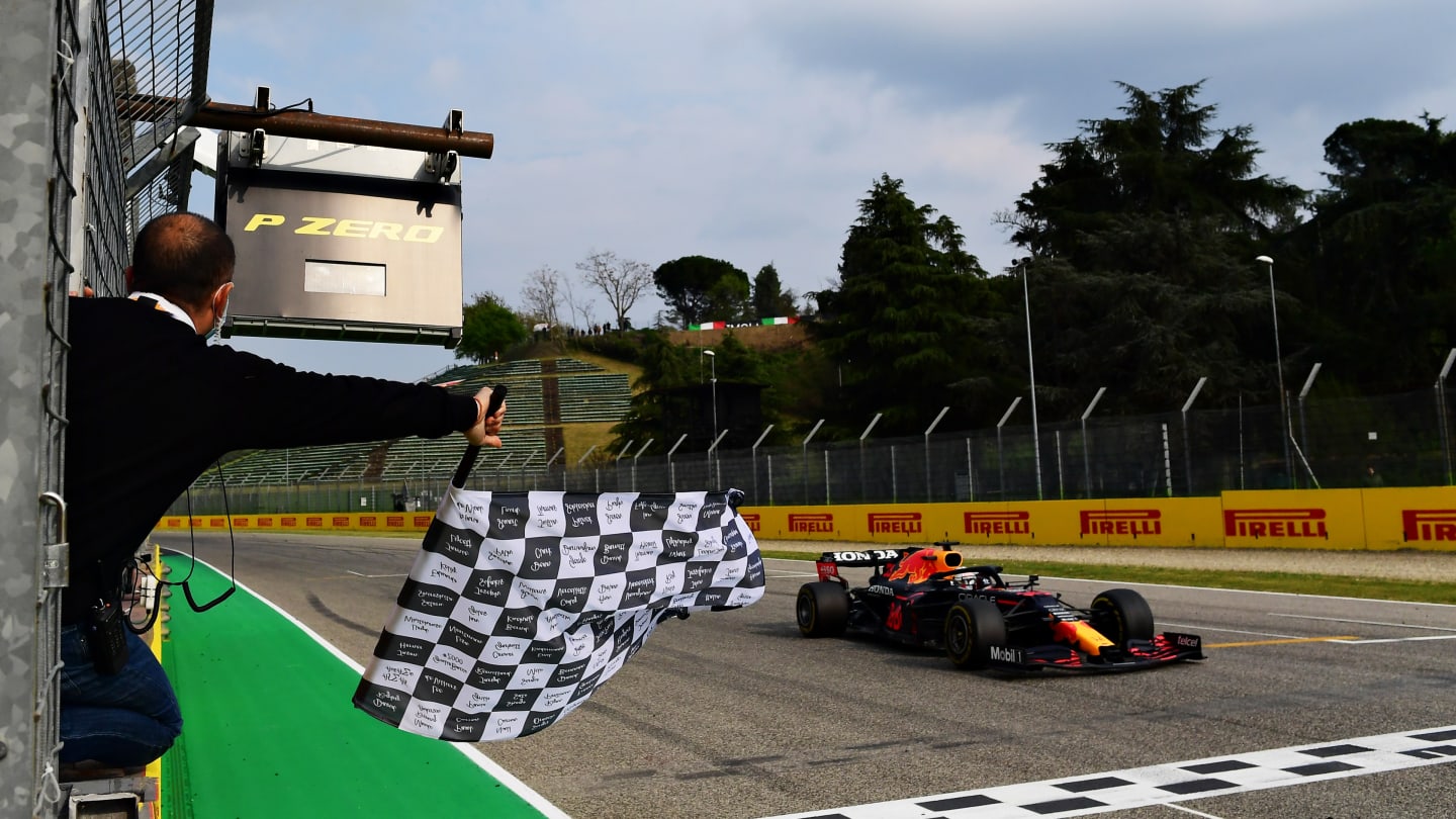 IMOLA, ITALY - APRIL 18: Race winner Max Verstappen of the Netherlands driving the (33) Red Bull