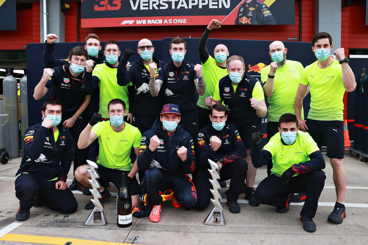 IMOLA, ITALY - APRIL 18: Race winner Max Verstappen of Netherlands and Red Bull Racing celebrates with his team after the F1 Grand Prix of Emilia Romagna at Autodromo Enzo e Dino Ferrari on April 18, 2021 in Imola, Italy. (Photo by Mark Thompson/Getty Images)