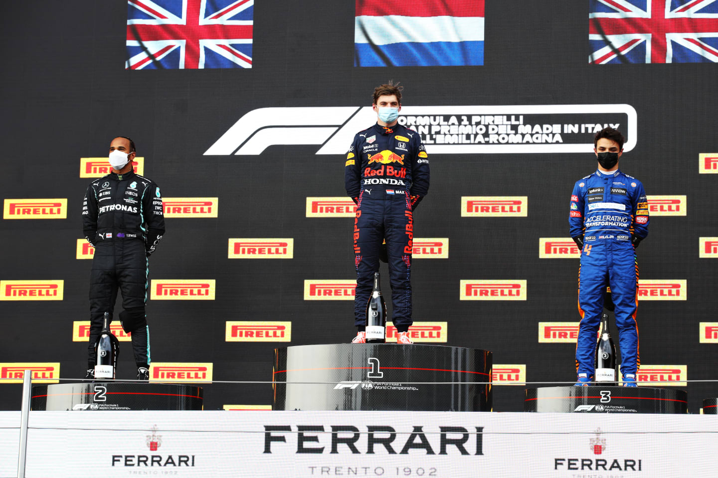 IMOLA, ITALY - APRIL 18: Second placed Lewis Hamilton of Great Britain and Mercedes GP, race winner