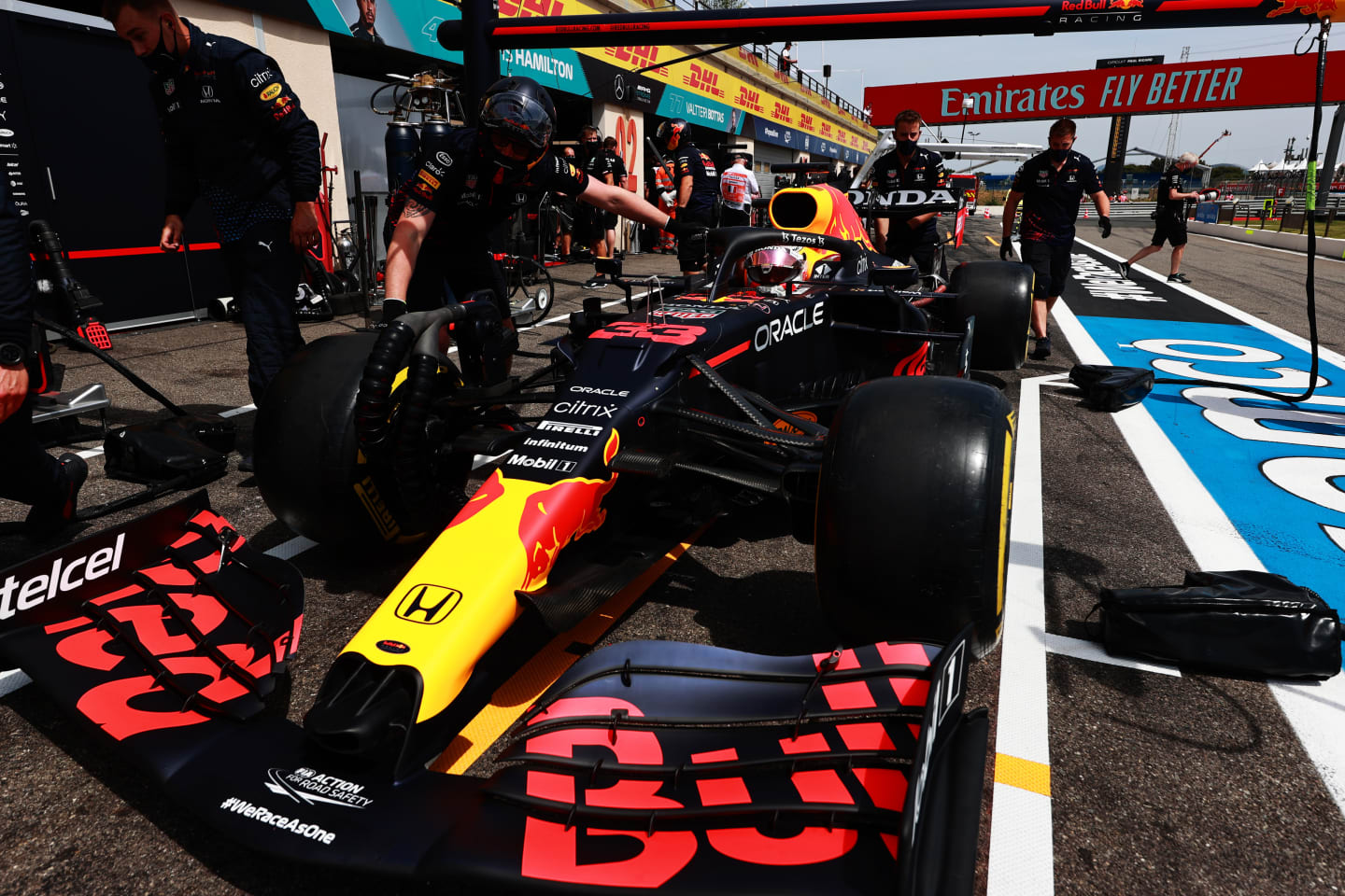 LE CASTELLET, FRANCE - JUNE 18: Max Verstappen of the Netherlands driving the (33) Red Bull Racing RB16B Honda is pushed back into the garage during practice ahead of the F1 Grand Prix of France at Circuit Paul Ricard on June 18, 2021 in Le Castellet, France. (Photo by Mark Thompson/Getty Images)