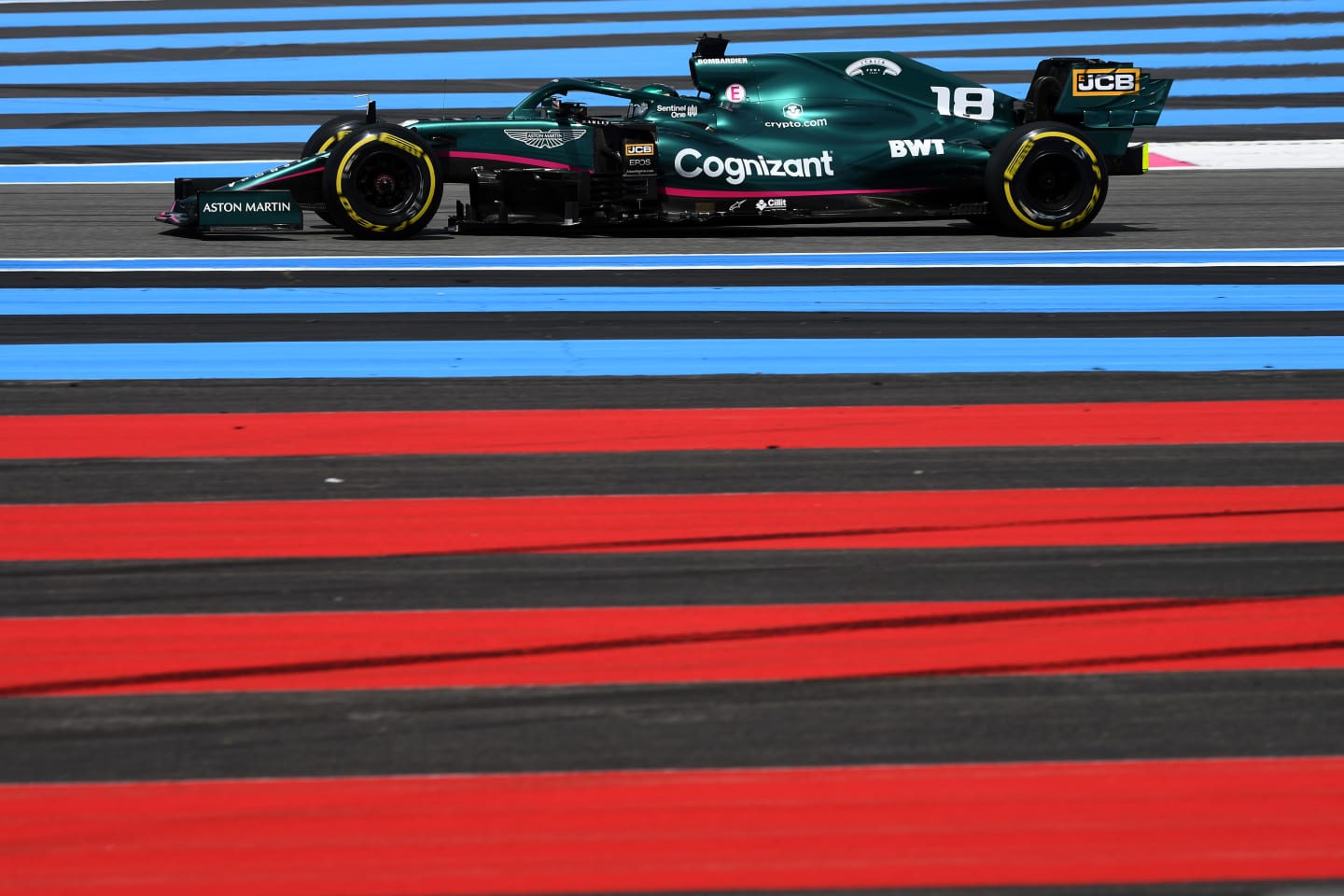 LE CASTELLET, FRANCE - JUNE 18: Lance Stroll of Canada driving the (18) Aston Martin AMR21 Mercedes on track during practice ahead of the F1 Grand Prix of France at Circuit Paul Ricard on June 18, 2021 in Le Castellet, France. (Photo by Rudy Carezzevoli/Getty Images)