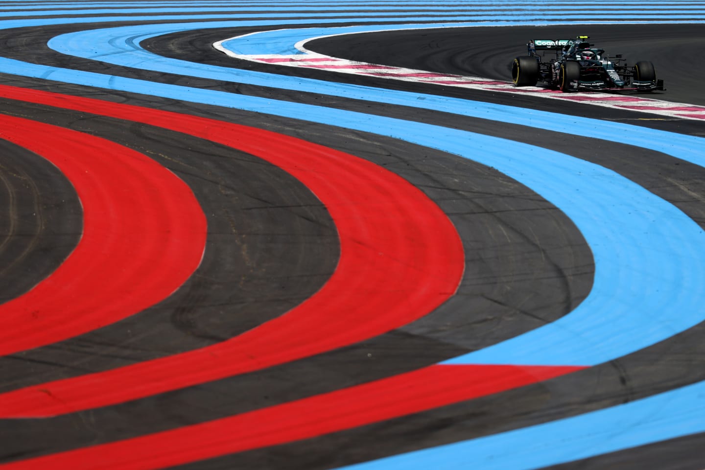 LE CASTELLET, FRANCE - JUNE 18: Sebastian Vettel of Germany driving the (5) Aston Martin AMR21 Mercedes on track during practice ahead of the F1 Grand Prix of France at Circuit Paul Ricard on June 18, 2021 in Le Castellet, France. (Photo by Clive Rose/Getty Images)