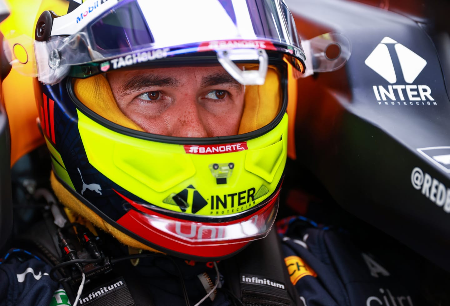 LE CASTELLET, FRANCE - JUNE 18: Sergio Perez of Mexico and Red Bull Racing prepares to drive in the garage during practice ahead of the F1 Grand Prix of France at Circuit Paul Ricard on June 18, 2021 in Le Castellet, France. (Photo by Mark Thompson/Getty Images)