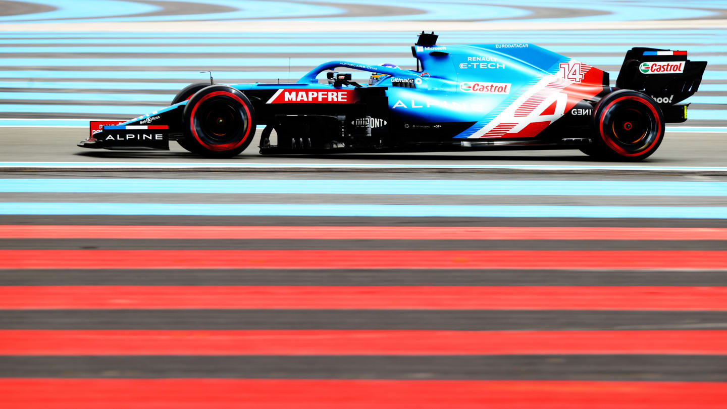 LE CASTELLET, FRANCE - JUNE 19: Fernando Alonso of Spain driving the (14) Alpine A521 Renault on track during final practice ahead of the F1 Grand Prix of France at Circuit Paul Ricard on June 19, 2021 in Le Castellet, France. (Photo by Dan Istitene - Formula 1/Formula 1 via Getty Images)